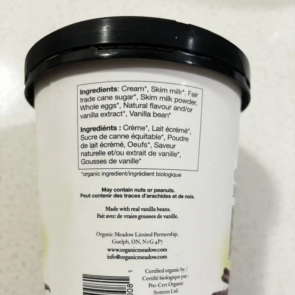 Organic Meadow Ice Cream Vanilla Flavour Ingredients